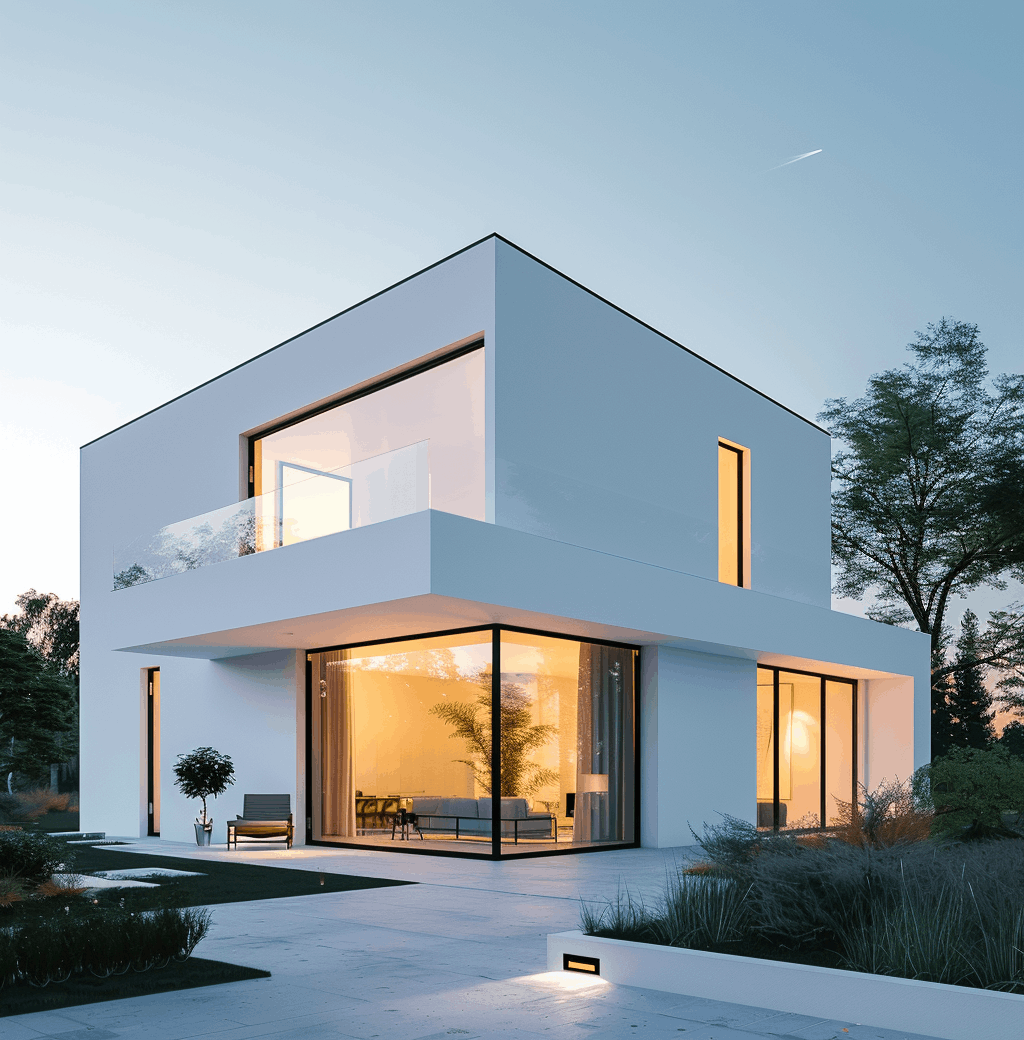 Modern house with large windows and landscaped garden