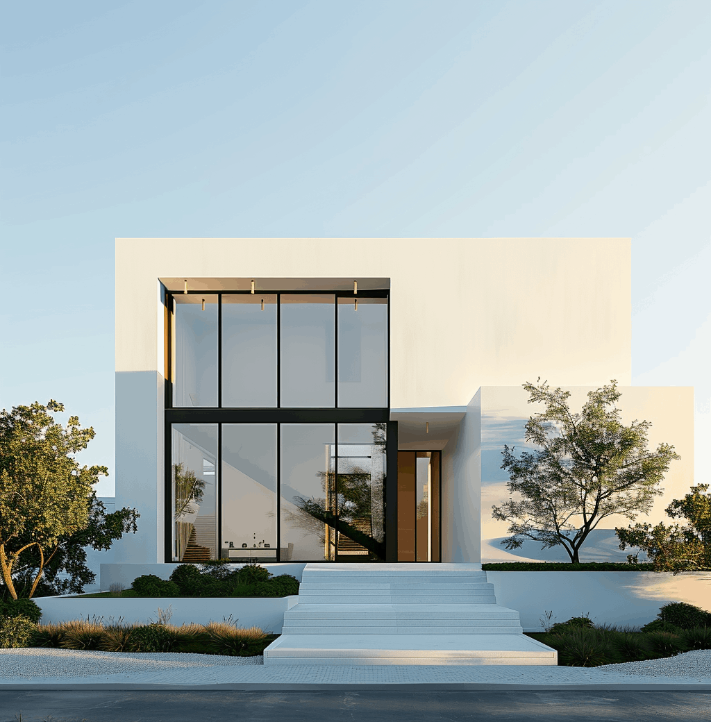 Modern house with large windows and landscaped garden